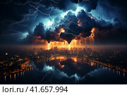 Strongest thunderstorm over a modern city. Lots of lightning in the sky,  Generative AI. Стоковое AI-изображение, AI-художник Анна Кривицкая / Фотобанк Лори