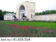 Flowerbed multicolored tulips in Kuzminsky park. Many beautiful spring flowers in Moscow, Russia. Blooming tulips in stable old manor. Редакционное фото, фотограф Андрей Журавлев / Фотобанк Лори
