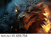 Ferocious fire-breathing dragon close-up, a scary mystical creature, AI Generated. Стоковое AI-изображение, AI-художник Станислав Тарко / Фотобанк Лори