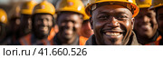 A confident and smiling staff of factory workers, engineers, managers and foremen stands on the territory of the heavy industry production plant. Generated by AI. Стоковое AI-изображение, AI-художник Ярославский Максим / Фотобанк Лори