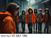 Teenage Boy Outdoors At High School Being Teased Or Bullied. Aggressive teenage street gangs or groups. AI. Стоковое AI-изображение, AI-художник Sergey Grishin / Фотобанк Лори