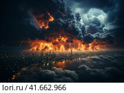 Strongest thunderstorm over a modern city. Lots of lightning in the sky,  Generative AI. Стоковое AI-изображение, AI-художник Анна Кривицкая / Фотобанк Лори
