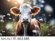 Close-up portrait of surprised cow on the pasture. Funny animal photo. Surprise expression and opened mouth. Стоковое AI-изображение, AI-художник Ярославский Максим / Фотобанк Лори
