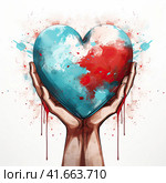 A poster with a multicolored heart in the hands of a person. Generated by AI. Стоковое AI-изображение, AI-художник Ярославский Максим / Фотобанк Лори
