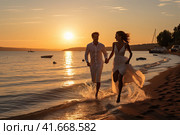 Front view of a young couple walking along the seashore against the background of the sunset sea. Generated by AI. Стоковое AI-изображение, AI-художник Ярославский Максим / Фотобанк Лори