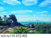 Gulf of Tunisia - a large bay of the Mediterranean sea off the Northern Africa. Mandraki artificial bay, created in antique carthage. (2019 год). Стоковое фото, фотограф Андрей Журавлев / Фотобанк Лори