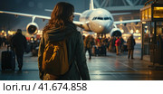 A girl in winter clothes is waiting for a flight at the airport. Generated by AI. Стоковое AI-изображение, AI-художник Ярославский Максим / Фотобанк Лори