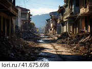 The city after the earthquake, houses destroyed after the war, dirt on the streets,    Generative AI. Стоковое AI-изображение, AI-художник Анна Кривицкая / Фотобанк Лори