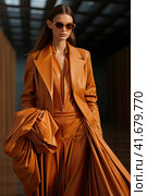 Stylish young girl with brown hair on the catwalk. She is wearing a brown leather Full-length photo. Generated by AI. Стоковое AI-изображение, AI-художник Ярославский Максим / Фотобанк Лори