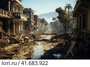 The city after the earthquake, houses destroyed after the war, dirt on the streets,    Generative AI. Стоковое AI-изображение, AI-художник Анна Кривицкая / Фотобанк Лори