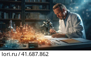 A microbiologist conducts research. Стоковое AI-изображение, AI-художник Кирилл Черезов / Фотобанк Лори
