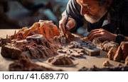 Geographer exploring the terrain on the model. Стоковое AI-изображение, AI-художник Кирилл Черезов / Фотобанк Лори