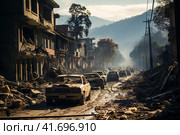 The city after the earthquake, houses destroyed after the war, dirt on the streets,    Generative AI. Стоковое AI-изображение, AI-художник Анна Кривицкая / Фотобанк Лори