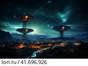 Silhouettes of satellite dishes or radio antennas against the night sky. Space observatory. ,    Generative AI. Стоковое AI-изображение, AI-художник Анна Кривицкая / Фотобанк Лори