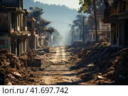 The city after the earthquake, houses destroyed after the war, dirt on the streets,    Generative AI. Стоковое AI-изображение, AI-художник Анна Кривицкая / Фотобанк Лори