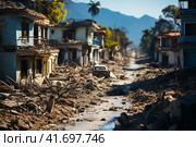 The city after the earthquake, houses destroyed after the war, dirt on the streets,    Generative AI. Стоковое AI-изображение, AI-художник Анна Кривицкая / Фотобанк Лори
