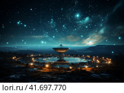Silhouettes of satellite dishes or radio antennas against the night sky. Space observatory. ,    Generative AI. Стоковое AI-изображение, AI-художник Анна Кривицкая / Фотобанк Лори