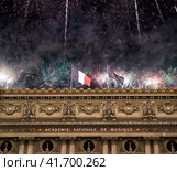 Fireworks over the Opera Garnier (Garnier Palace), Paris, France. Translation: national Academy of Music. UNESCO World Heritage Site (2014 год). Стоковое фото, фотограф Владимир Журавлев / Фотобанк Лори