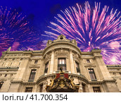 Fireworks over the Opera Garnier (Garnier Palace), Paris, France. Translation: national Academy of Music. UNESCO World Heritage Site (2014 год). Стоковое фото, фотограф Владимир Журавлев / Фотобанк Лори