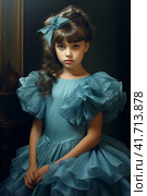 Young girl, child in a blue fluffy dress in retro style. vintage,  Generative AI. Стоковое AI-изображение, AI-художник Анна Кривицкая / Фотобанк Лори