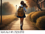 Back to school. Cute caucasian child girl with backpack running and going to school with fun. Little schoolgirl along school road backpack shoulders. school childhood. girl running play after school. AI. Стоковое AI-изображение, AI-художник Sergey Grishin / Фотобанк Лори