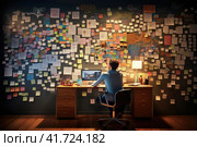 Smart individual managing diverse tasks efficiently on a large screen in the office. Стоковое AI-изображение, AI-художник Юрий Поздников / Фотобанк Лори