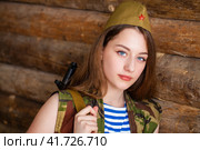 Young woman wearing Red Army form of 1943 year. Стоковое фото, фотограф Андрей Аркуша / Фотобанк Лори