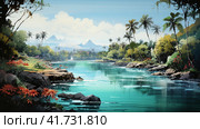 Watercolor tropical jungle and beach, colorful, soothing nursery art, idyllic, paradisiacal. ,    Generative AI. Стоковое AI-изображение, AI-художник Анна Кривицкая / Фотобанк Лори