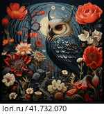 Owl and red flowers,  Generative AI. Стоковое AI-изображение, AI-художник Анна Кривицкая / Фотобанк Лори