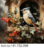 Great titmouse looking out red bird house in the garden surrounded by ivy,  Generative AI. Стоковое AI-изображение, AI-художник Анна Кривицкая / Фотобанк Лори