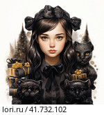 All dark black Wednesday Addams 2022 clipart , black watercolor painting, black color, christmas tree and presents  Generative AI. Стоковое AI-изображение, AI-художник Анна Кривицкая / Фотобанк Лори