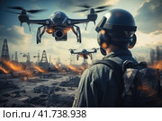 Scenic View of Cutting-Edge Military Drones and Robots with Advanced Armaments in a Field Landscape. Стоковое AI-изображение, AI-художник Юрий Поздников / Фотобанк Лори