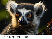 The ring-tailed lemur, Lemur catta is a large strepsirrhine primate and the most recognized lemur due to its long, black and white ringed tail.Like all lemurs it is endemic to the island of Madagascar. Стоковое AI-изображение, AI-художник Ирина Михайличенко / Фотобанк Лори