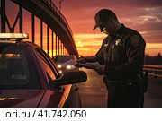 The policeman carried out a traffic stop and checks the driver's documents. Generated by AI. Стоковое AI-изображение, AI-художник Ярославский Максим / Фотобанк Лори