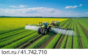 Watering, treating fields with crops with Pesticides and Herbicides on a tractor. Agricultural industry. Стоковое AI-изображение, AI-художник Ирина Ручушкина / Фотобанк Лори
