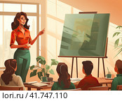 A young beautiful girl holds a presentation of her project at a meeting of colleagues. The concept of office work. Generated by AI. Стоковое AI-изображение, AI-художник Ярославский Максим / Фотобанк Лори