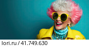 An elderly beautiful woman with bright dyed hair and sunglasses. Generated by AI. Стоковое AI-изображение, AI-художник Ярославский Максим / Фотобанк Лори