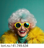 An elderly beautiful woman with bright dyed hair and sunglasses. Generated by AI. Стоковое AI-изображение, AI-художник Ярославский Максим / Фотобанк Лори