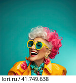 An elderly beautiful woman with bright dyed hair and sunglasses. Generated by AI. Стоковое AI-изображение, AI-художник Ярославский Максим / Фотобанк Лори
