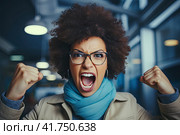 A young girl with curly hair rejoices in luck with her fists raised up. Generated by AI. Стоковое AI-изображение, AI-художник Ярославский Максим / Фотобанк Лори
