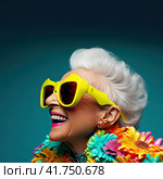 An elderly beautiful woman with bright dyed hair and sunglasses. Generated by AI. Стоковое AI-изображение, AI-художник Ярославский Максим / Фотобанк Лори