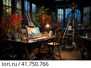 Clean, tidy, modern Painter's Studio,nigth, darkness,, watercolor ,  Generative AI. Стоковое AI-изображение, AI-художник Анна Кривицкая / Фотобанк Лори
