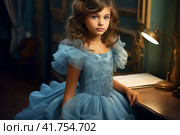 Young girl, child in a blue fluffy dress in retro style. vintage,  Generative AI. Стоковое AI-изображение, AI-художник Анна Кривицкая / Фотобанк Лори