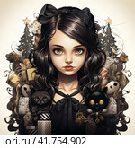 All dark black Wednesday Addams 2022 clipart , black watercolor painting, black color, christmas tree and presents  Generative AI. Стоковое AI-изображение, AI-художник Анна Кривицкая / Фотобанк Лори