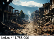 The city after the earthquake, houses destroyed after the war, dirt on the streets,    Generative AI. Стоковое AI-изображение, AI-художник Анна Кривицкая / Фотобанк Лори