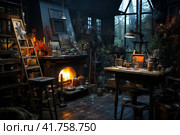 Clean, tidy, modern Painter's Studio,nigth, darkness,, watercolor ,  Generative AI. Стоковое AI-изображение, AI-художник Анна Кривицкая / Фотобанк Лори