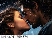 A girl and a guy kiss and hug in a heavy rain. Cinematic light. Стоковое AI-изображение, AI-художник Ярославский Максим / Фотобанк Лори