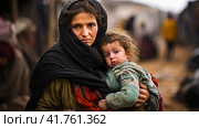 Portrait of Refugees on middle east looking at camera. Homeless people, unhappy and frightened, shawl camps,  Generative AI. Стоковое AI-изображение, AI-художник Анна Кривицкая / Фотобанк Лори