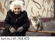 An elderly woman, a pensioner, on the street on a bench with a cat at the entrance.,  Generative AI. Стоковое AI-изображение, AI-художник Анна Кривицкая / Фотобанк Лори