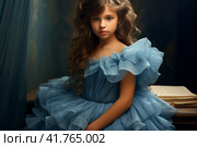 Young girl, child in a blue fluffy dress in retro style. vintage,  Generative AI. Стоковое AI-изображение, AI-художник Анна Кривицкая / Фотобанк Лори